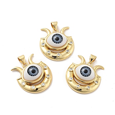 Evil Eye with Moon Brass Micro Pave Clear Cubic Zirconia Pendants KK-G419-10G-01-1