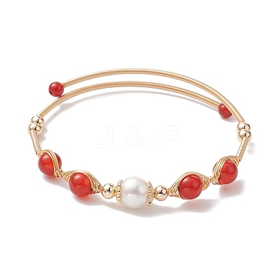 Natural Carnelian Round Beaded Cuff Bangle BJEW-JB10113-03-1