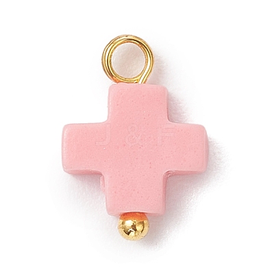 Synthetic Coral Dyed Pink Cross Charms PALLOY-JF04223-01-1