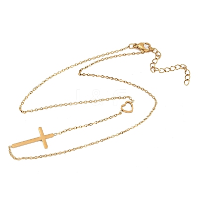 Religion 304 Stainless Steel Heart Cross Link Chain Necklaces NJEW-H093-03G-1