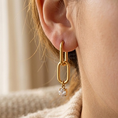 304 Stainless Steel & Cubic Zirconia Stud Dangle Earrings WG6C88A-01-1