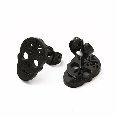 Halloween Skull with Flower 304 Stainless Steel Stud Earrings for Women EJEW-B019-05EB-1