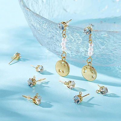 12 Pairs Flat Round Brass Clear Cubic Zirconi Stud Earring Findings KK-BC0008-77-1