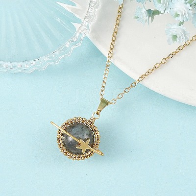 Natural Labradorite Copper Wire Wrapped Planet Pendant Brass Cable Chain Necklaces for Women NJEW-TA00260-04-1