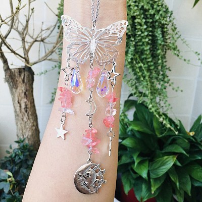 Watermelon Stone Glass Butterfly Hanging Suncatcher Pendant Decoration DJEW-PW0008-19-28-1