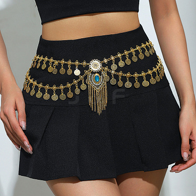 Ethnic Style Alloy Sapphire Rhinestone Heart Coin Tassel Double Layer Waist Belly Chains for Women FS-WG95DA8-01-1