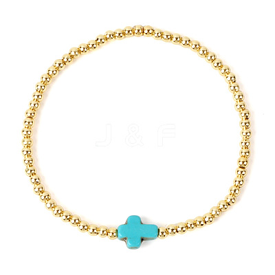 Cross Synthetic Turquoise & Round Brass Beaded Stretch Bracelets VG5379-1-1
