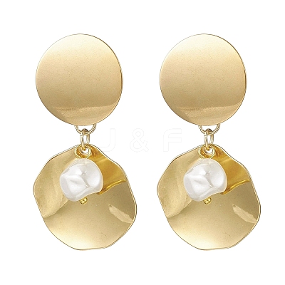 201 Stainless Steel Shell Pearl Flat Round Dangle Stud Earrings EJEW-JE06751-01-1