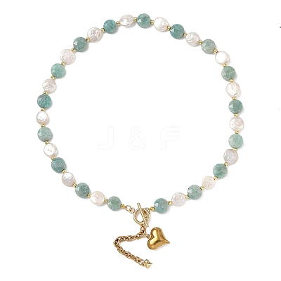 Natural Amazonite & Keshi Pearl Coin Beaded Necklaces for Women NJEW-JN06666-1