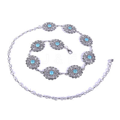 Alloy with Synthetic Turquoise Oval Flower Link Chain Waist Chains for Women FS-WG10943-01-1