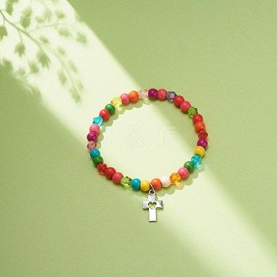 Synthetic Turquoise(Dyed) & Acrylic Beaded Stretch Bracelet with Alloy Charm for Women BJEW-JB08627-02-1