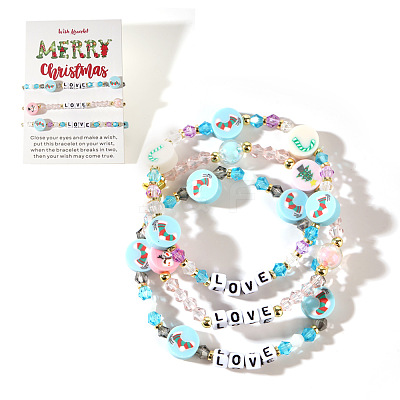3Pcs Christmas Theme Handmade Polymer Clay & Glass Bicone Beads Stretch Bracelet Sets QY3550-8-1