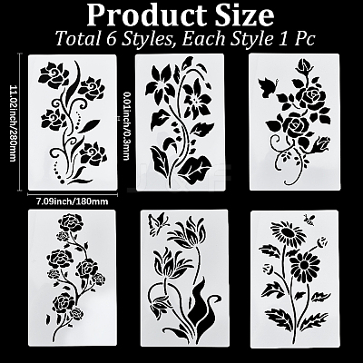6Pcs 6 Styles Flower Theme PET Plastic Hollow Out Drawing Painting Stencils Templates DIY-WH20009-46-1