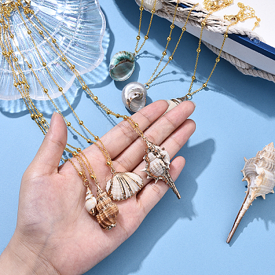 7Pcs 7 Styles Electroplated Natural Shell Pendant Brass Satellite Chain Necklaces NJEW-YW00003-1