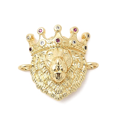 Brass Micro Pave Colorful Cubic Zirconia Lion Head Connector Charms KK-H529-12G-1