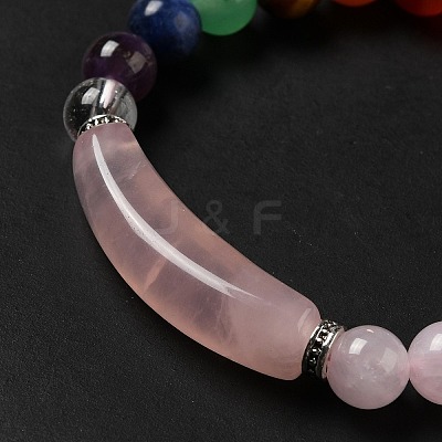 Natural Rose Quartz & Mixed Gemstone Beaded Stretch Bracelet with Heart Charm for Women BJEW-K164-B26-1