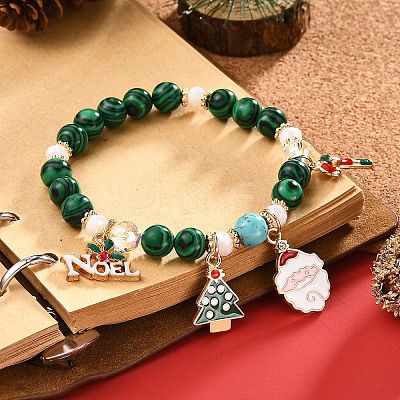 Synthetic Malachite Round Beaded Stretch Bracelet BJEW-TA00251-1