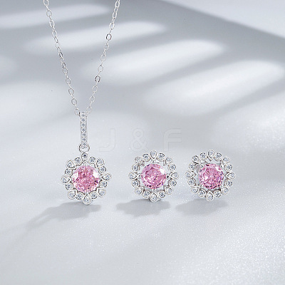 Flower 925 Sterling Silver with Cubic Zirconia Pendant Necklace & Stud Earring FS-WG92113-11-1
