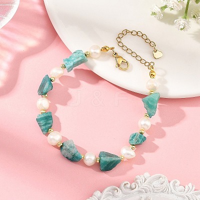 Raw Natural Amazonite Nuggets and Natural Cultured Freshwater Pearl Bead Beaded Bracelets BJEW-JB14387-02-1