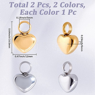 2Pcs 2 Colors Heart Stainless Steel Urn Ashes Pendants STAS-CN0001-73-1