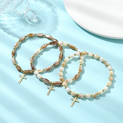3Pcs 3 Styles Cross 201 Stainless Steel Charm Bracelets BJEW-JB14028-1