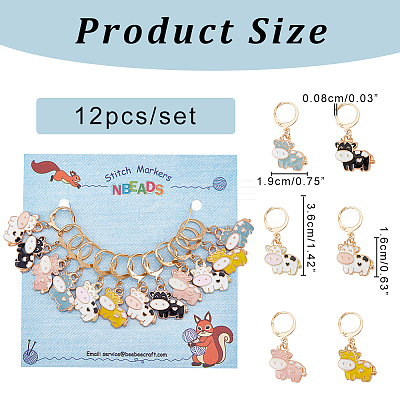 12Pcs 6 Colors Alloy Enamel Cow Charm Locking Stitch Markers HJEW-PH01533-1