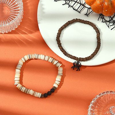2Pcs Natural Black Agate & Coconut & Shell Beads Stretch Bracelets BJEW-JB12673-1