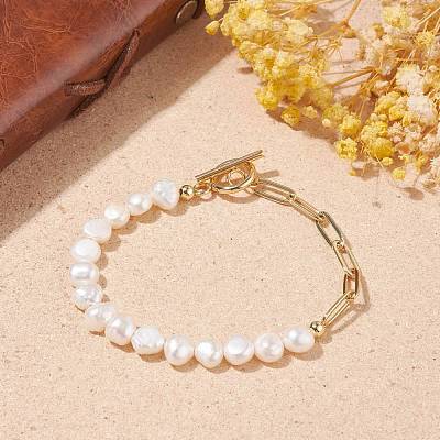 Natural Pearl Beaded Bracelet with Brass Paperclip Chains for Women BJEW-JB07920-01-1