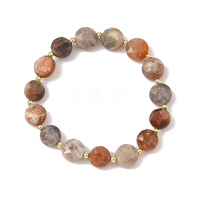 Natural Fossil Coral Faceted Flat Round Beaded Stretch Bracelets with Brass Round Beads for Women BJEW-JB14168-1