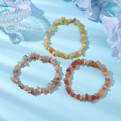 3Pcs Natural Red Aventurine & Natural Sunstone & Natural Topaz Jade Chip Beaded Stretch Bracelet Sets BJEW-JB10867-1