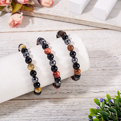 3Pcs 3 Styles 8MM Round Natural Tiger Eye & Black Onyx & Black Obsidian & Synthetic Non-Magnetic Hematite Beads Stretch Bracelets for Women Men BJEW-TA0001-20-1