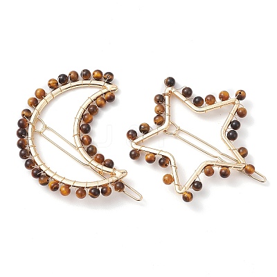 2Pcs Moon & Star Alloy with Natural Tiger Eye Hollow Hair Barrettes PHAR-JH00105-04-1