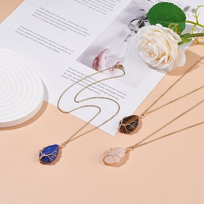 Natural Gemstone Teardrop with Tree Pendant Necklaces NJEW-JN03869-1