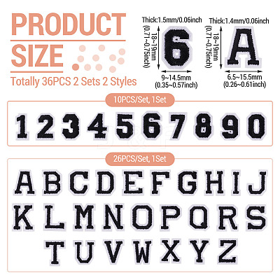 36Pcs 2 Sets 2 Styles Letter A~Z & Number 0~9 Polyester Embroidery Sew On Patches Sets PATC-TA0001-55G-1