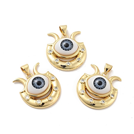 Evil Eye with Moon Brass Micro Pave Clear Cubic Zirconia Pendants KK-G419-10G-01-1