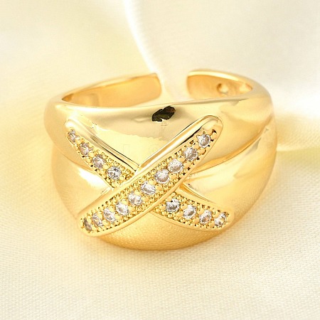 Brass Micro Pave Cubic Zirconia Adjustable Open Cuff Rings for Women RJEW-K292-11G-1
