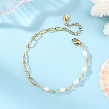 Natural Pearl Two Sides Polished Beaded Chain Bracelets with 304 Stainless Steel Paperclip Chains BJEW-JB14234-03-1