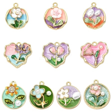 10Pcs 10 Styles Rack Plating Alloy Rhinestone Enamel Pendants ENAM-YW0008-30-1