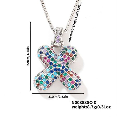 Brass Pave Colorful Cubic Zirconia Letter Pendant Box Chain Necklaces NU0575-45-1