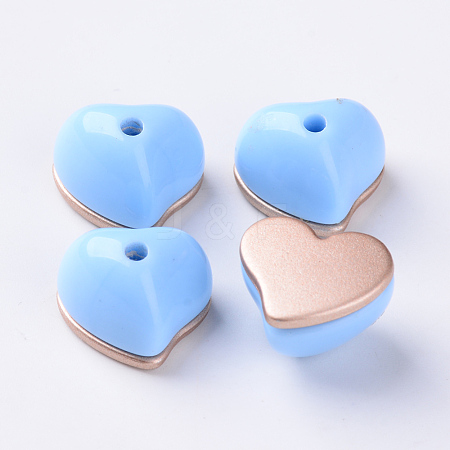  Jewelry Beads Findings Opaque Acrylic Beads, Two Tone, with Rose Gold Plated Flat Plate, Half Drilled, Heart, LightSkyBlue, 15x18x13.5mm, Half Hole: 2.5mm