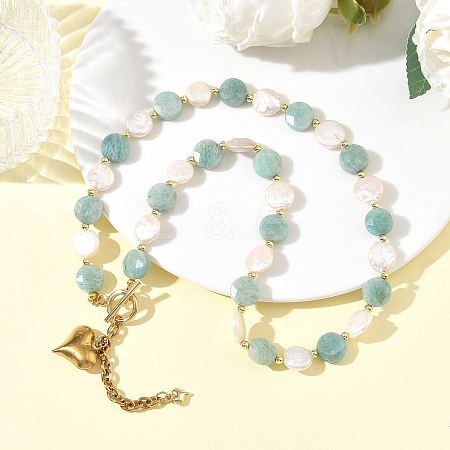 Natural Amazonite & Keshi Pearl Coin Beaded Necklaces for Women NJEW-JN06666-1