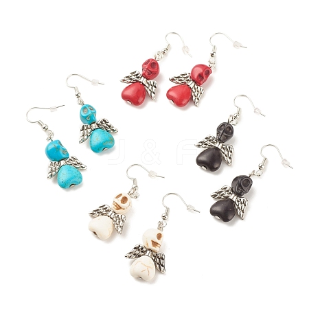 Synthetic Turquoise Skull with Wings Dangle Earrings EJEW-JE04944-1