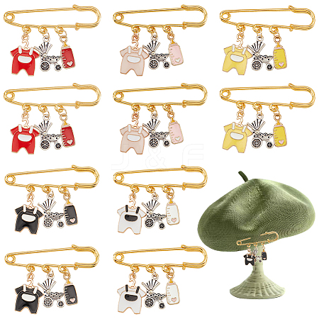 10Pcs 5 Color Baby Clothes & Milk Bottle & Pram Alloy Enamel Charm Safety Pin Brooches JEWB-AB00010-1