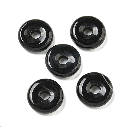 Natural Black Agate Donut/Pi Disc Charms G-G142-01D-1