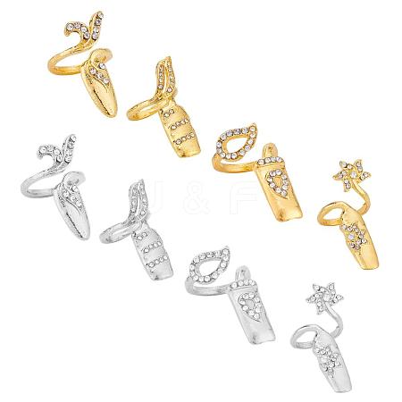   8 Pcs 4 Style Alloy with Rhinestone Fingernail Ring Finger Tip MRMJ-PH0001-59-1