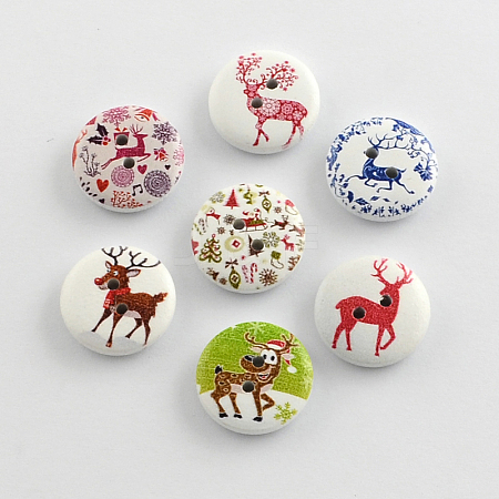 2-Hole Christmas Reindeer/Stag Printed Wooden Buttons BUTT-R032-058-1