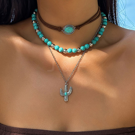 3Pcs 3 Styles Retro Synthetic Turquoise & CCB Plastic Beaded Necklace Set NJEW-B120-01A-1