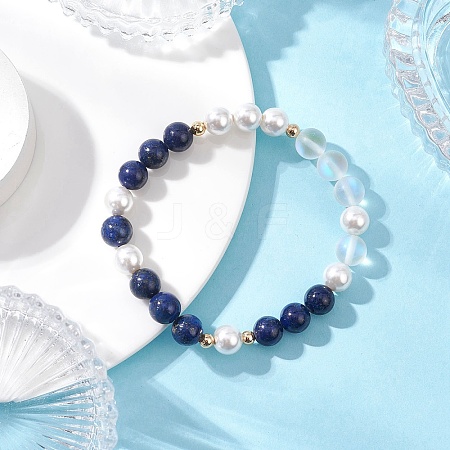 Natural Lapis Lazuli & Synthetic Moonstone & Shell Pearl Round Beaded Stretch Bracelets for Women BJEW-JB12548-1