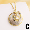 Brass Pave Clear Cubic Zirconia & Natural Paua Shell Flat Round with Heart Pendant Necklaces for Women WG481B6-03-1