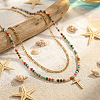 Stainless Steel Religion Cross Pendant Colorful Natural Mixed Gemstone Heishi Beaded Double Layer Necklaces for Women OM0198-1-3